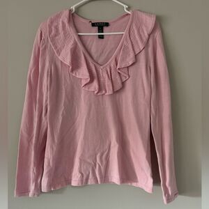 Lauren Ralph Lauren Pink Ruffle Collar Blouse Top Size Medium Preppy Workwear